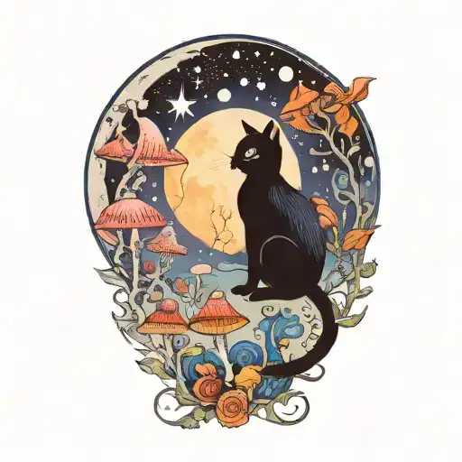 moon with black witch cat and colorful mushrooms growing tattoo design idea
