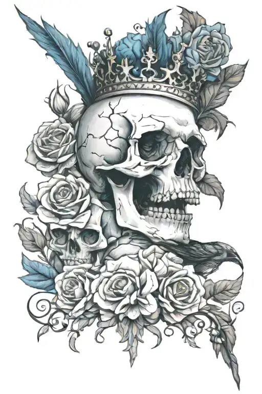 skull wearing crown with raven on and blue roses intertwined tattoo design idea