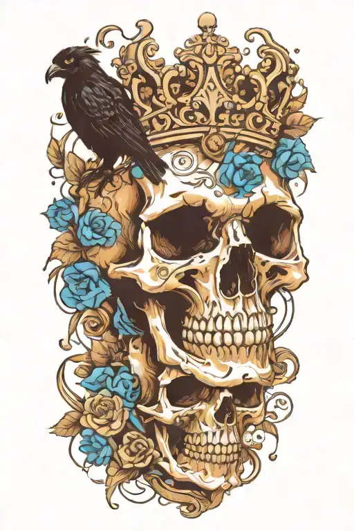 skull wearing crown with raven on and blue roses intertwined tattoo design idea