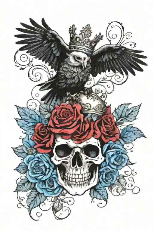 skull wearing crown with raven on and blue roses intertwined tattoo design idea