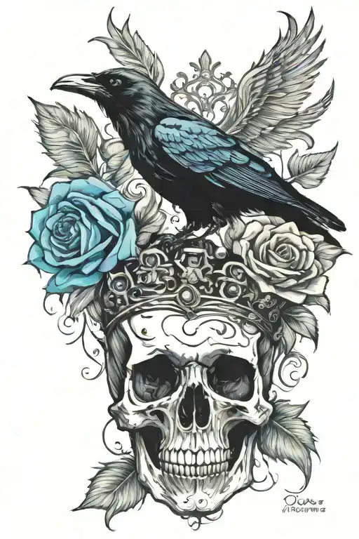 raven wearing crown with blue rose and skull tattoo design idea