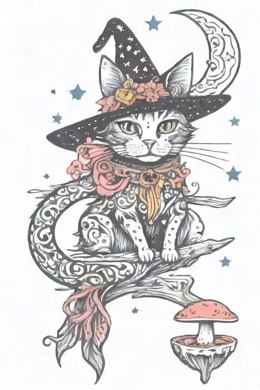 witch cat with moon and stars and colorful mushrooms trippy  tattoo design idea