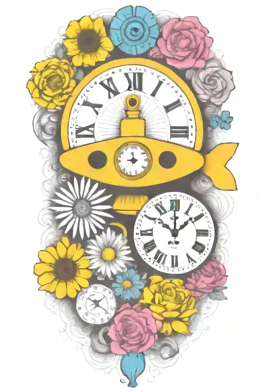 yellow submarine with colorful flowers and clock and rainbow  tattoo design idea