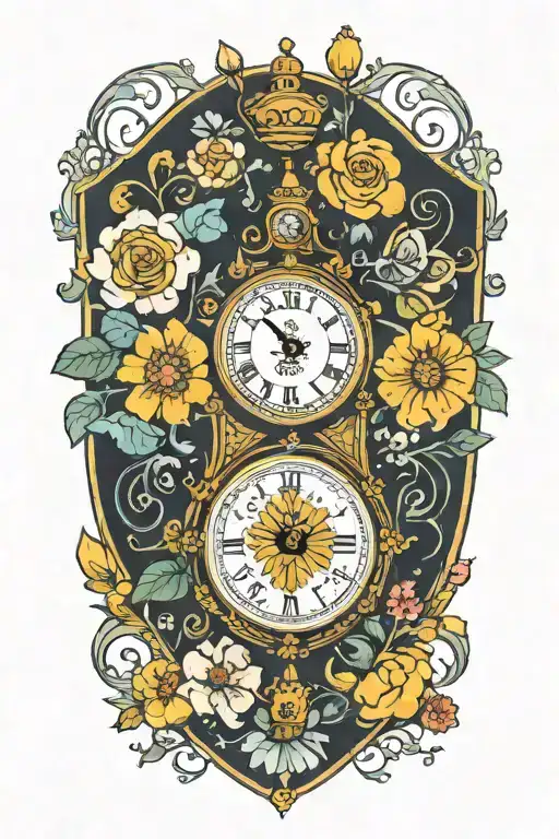 yellow submarine with flowers and clock tattoo design idea