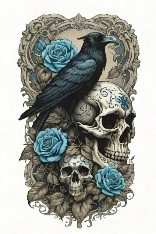 raven on skull with blue roses tattoo design idea