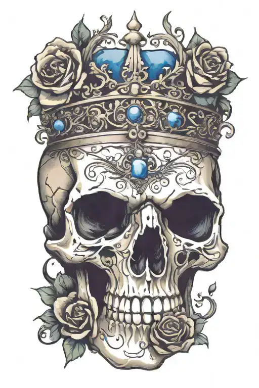 skull wearing crown with raven on and blue roses intertwined tattoo design idea