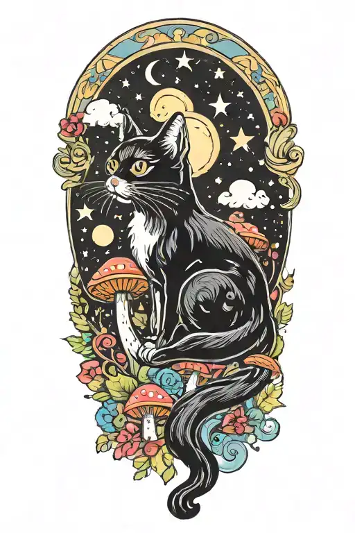 black cat with colorful mushrooms and crescent moon and clouds and stars melting  tattoo design idea