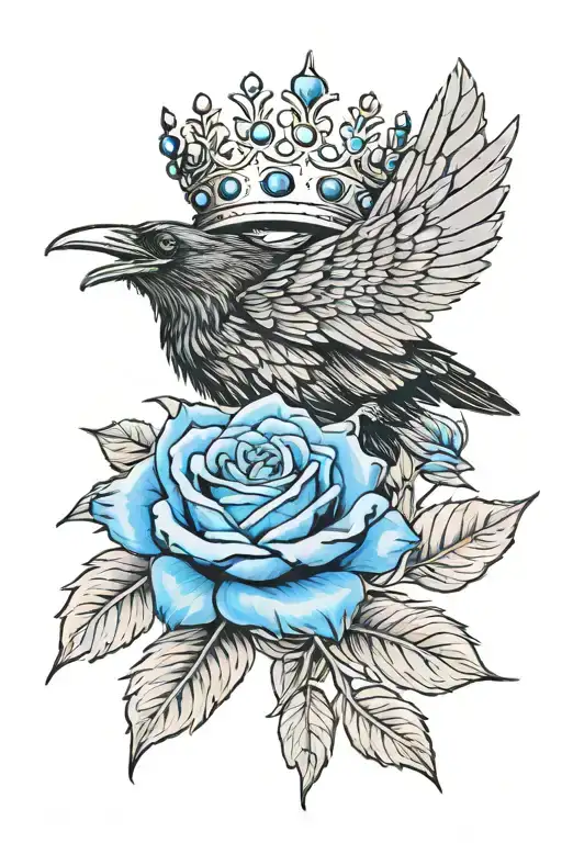raven wearing crown with blue rose and skull tattoo design idea