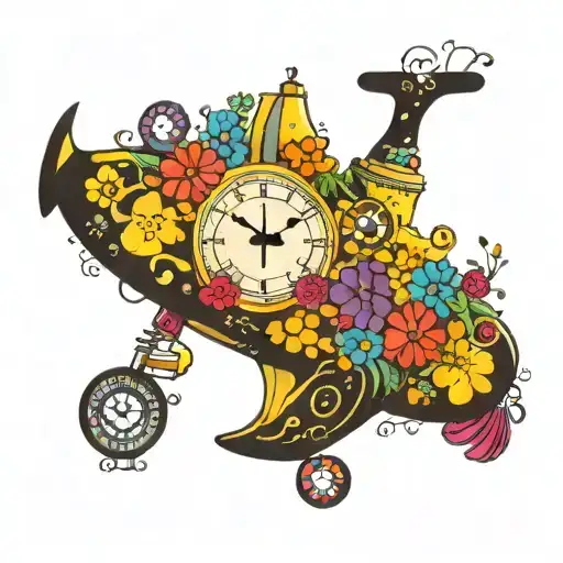 yellow submarine with colorful flowers and clock tattoo design idea