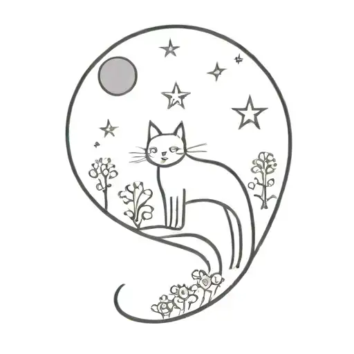 moon with black cat and colorful mushrooms tattoo design idea