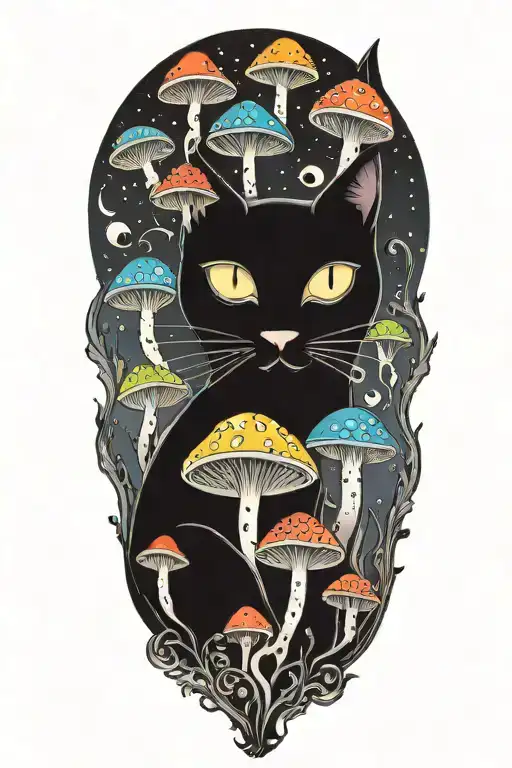 black cat with 3 eye balls and trippy colorful mushrooms with moon melting  tattoo design idea