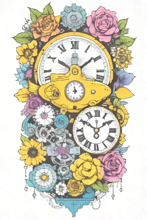 yellow submarine with colorful flowers and clock and rainbow  tattoo design idea