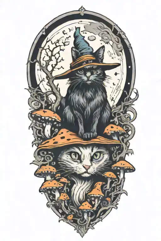 witch cat with moon and colorful mushrooms  tattoo design idea