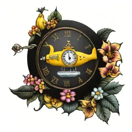 yellow submarine with colorful flowers and clock tattoo design idea