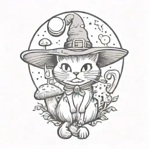 witch cat and moon and mushrooms tattoo design idea