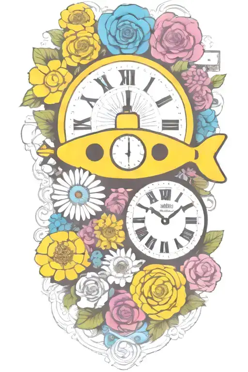 yellow submarine with colorful flowers and clock and rainbow  tattoo design idea
