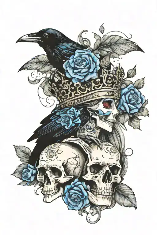 raven wearing crown with blue rose and skull tattoo design idea
