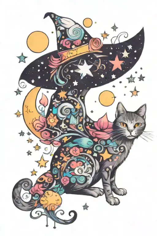 witch cat with moon and stars and colorful mushrooms trippy  tattoo design idea