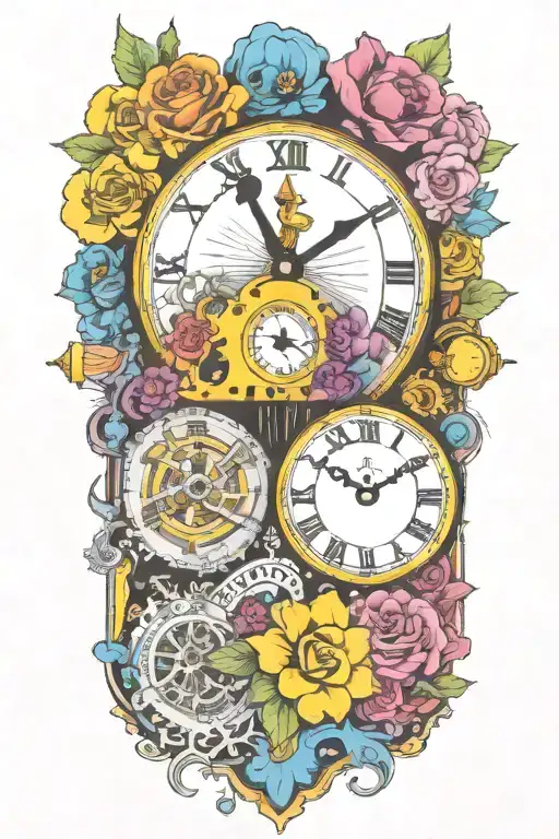 yellow submarine with colorful flowers and clock and rainbow  tattoo design idea