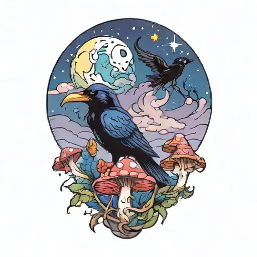 colorful mushroom with ravens and moon tattoo  tattoo design idea