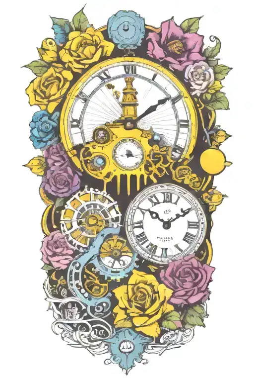 yellow submarine with colorful flowers and clock and rainbow  tattoo design idea
