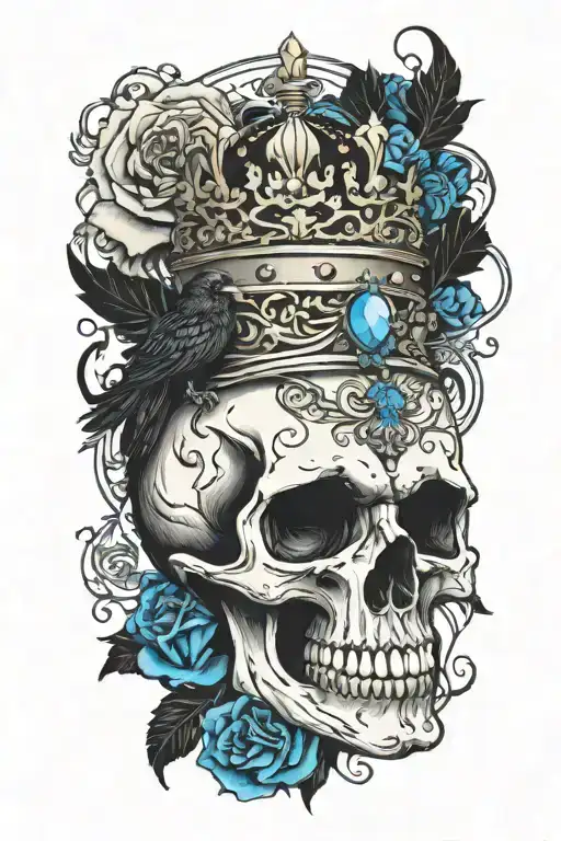 skull wearing crown with raven on and blue roses intertwined tattoo design idea