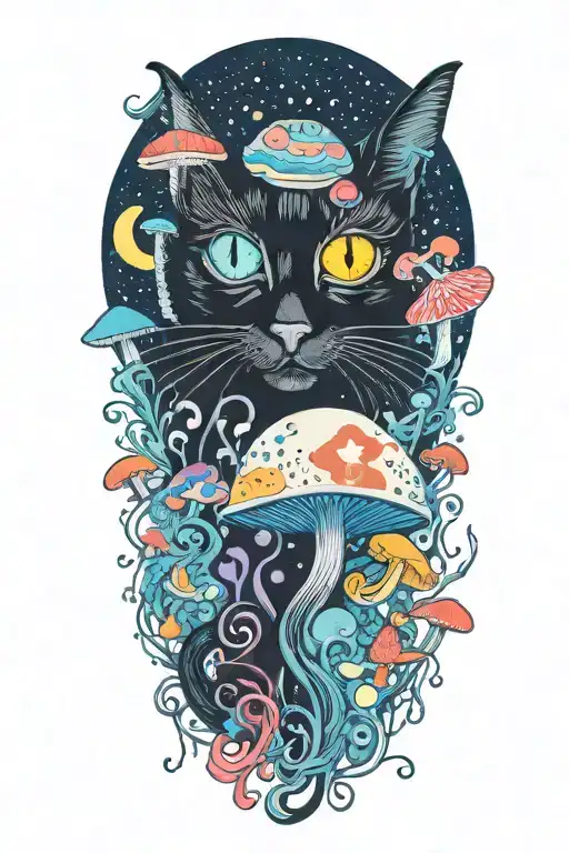 black cat with 3 eye balls and trippy colorful mushrooms with moon melting  tattoo design idea