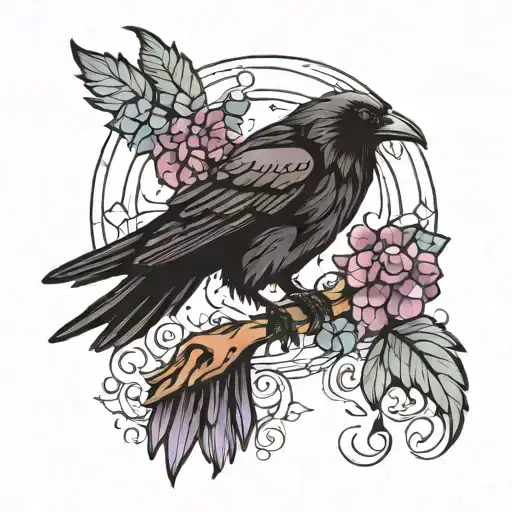 raven and crystals tattoo design idea