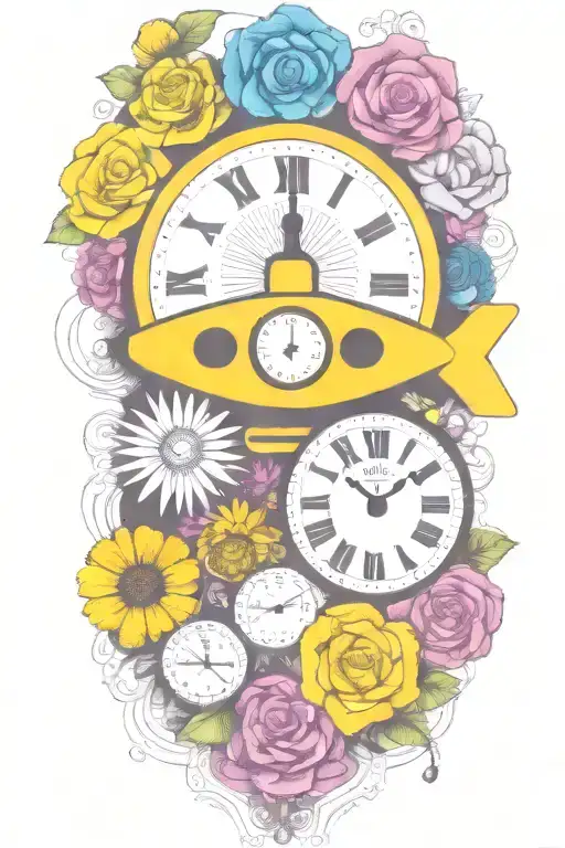 yellow submarine with colorful flowers and clock and rainbow  tattoo design idea