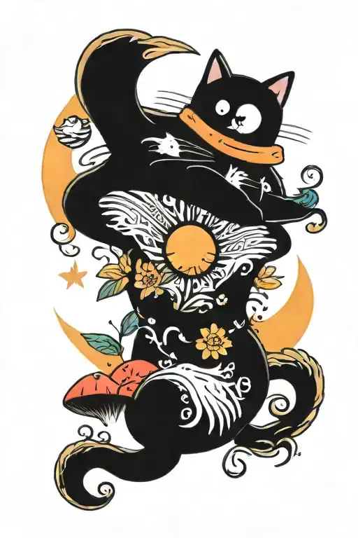 melting colorful mushroom black cat with sun and moon  tattoo design idea
