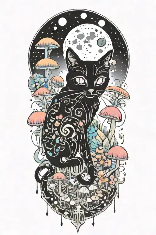 black cat and trippy colorful mushrooms with moon melting  tattoo design idea