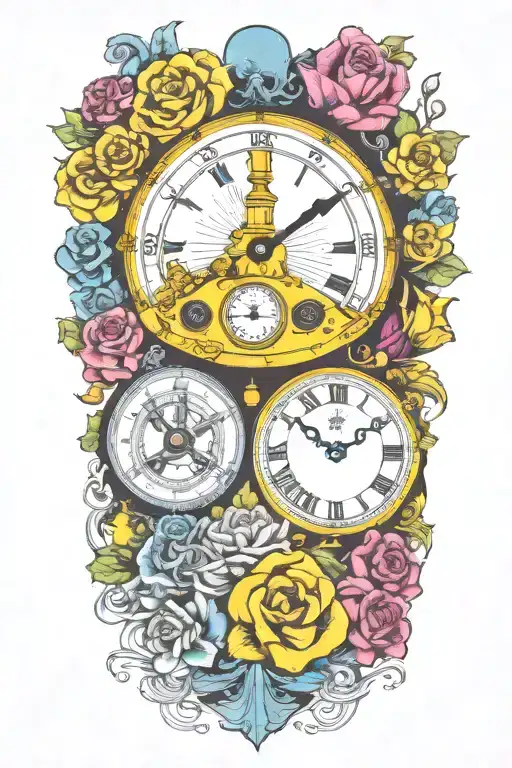 yellow submarine with colorful flowers and clock and rainbow  tattoo design idea