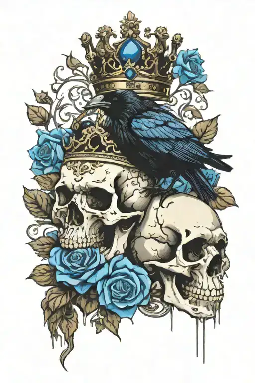 raven wearing crown with blue rose and skull tattoo design idea