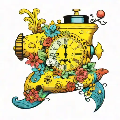 yellow submarine with flowers and clock  tattoo design idea