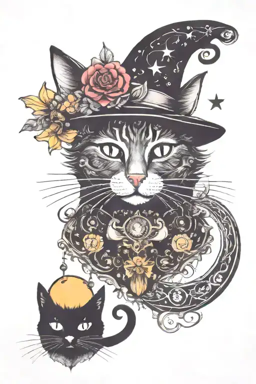 witch cat with moon and stars and colorful mushrooms trippy  tattoo design idea