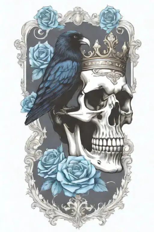 skull wearing crown with raven on and blue roses intertwined tattoo design idea