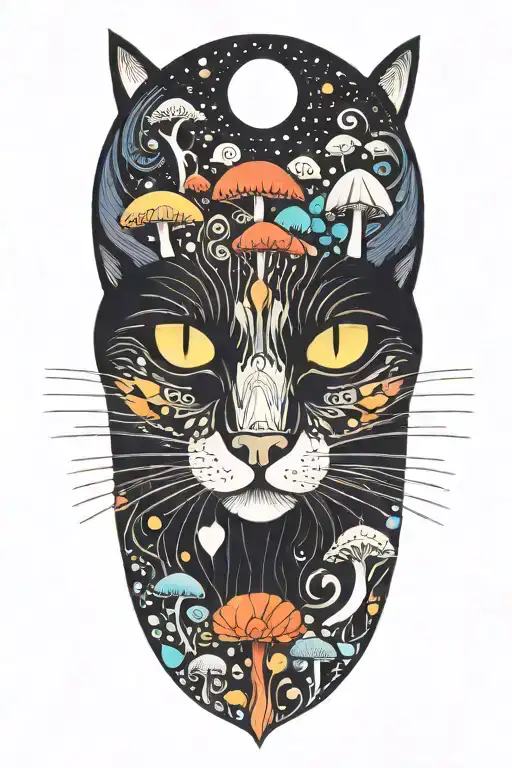black cat with 3 eyes and trippy colorful mushrooms with moon melting  tattoo design idea