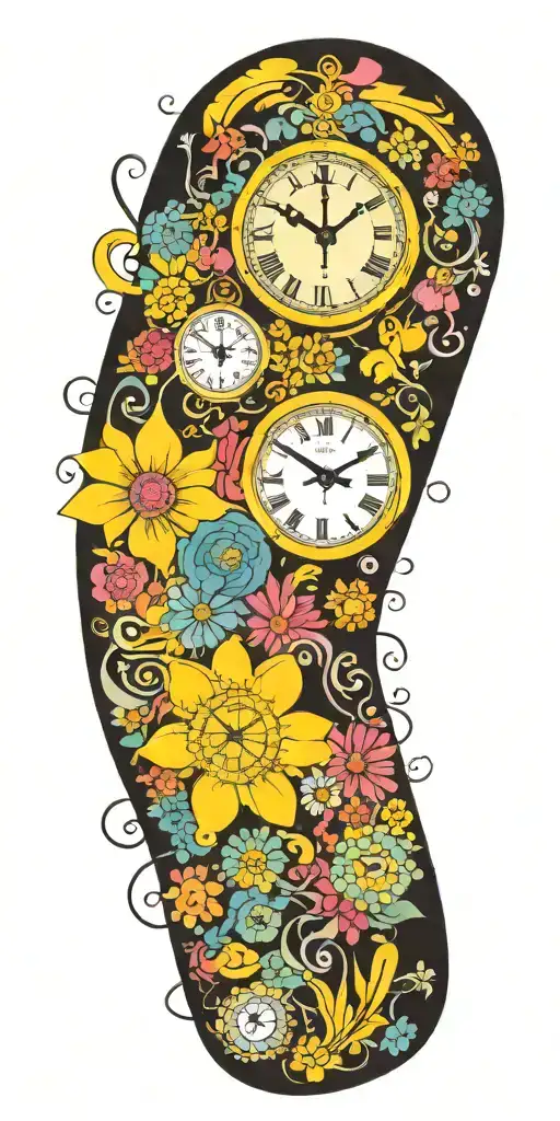 yellow submarine with colorful flowers and clock and rainbow  tattoo design idea