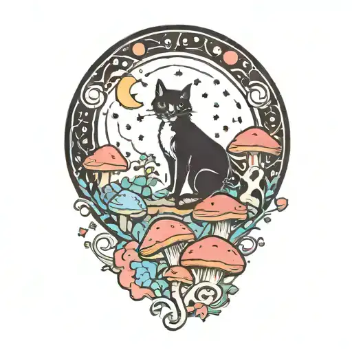 moon with black witch cat and colorful mushrooms growing tattoo design idea