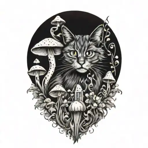 hippie cat and mushrooms  tattoo design idea