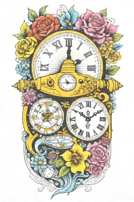 yellow submarine with colorful flowers and clock and rainbow  tattoo design idea