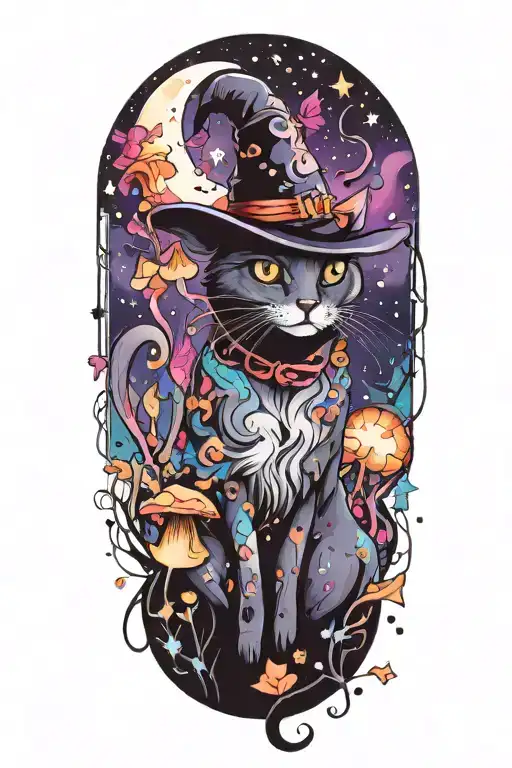 witch cat with moon and stars and colorful mushrooms and bats tattoo design idea