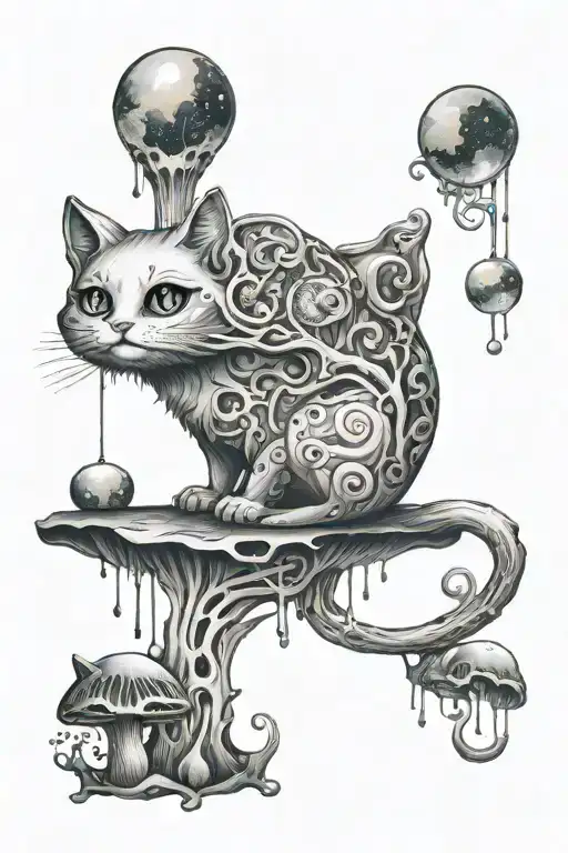 melting colorful mushroom cat with moon tattoo design idea
