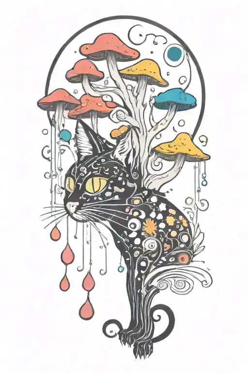 black cat with 3 eye balls and trippy colorful mushrooms with moon melting  tattoo design idea