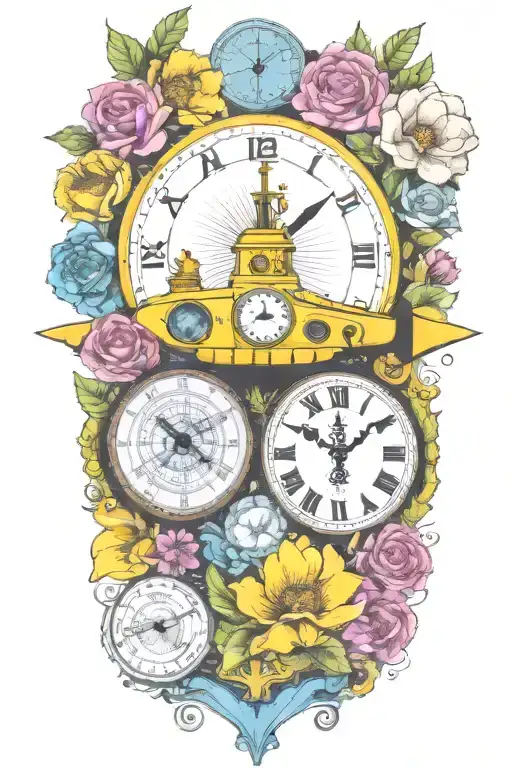 yellow submarine with colorful flowers and clock and rainbow  tattoo design idea