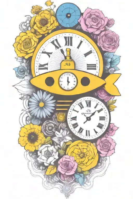 yellow submarine with colorful flowers and clock and rainbow  tattoo design idea