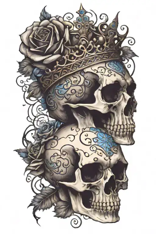 skull wearing crown with raven on and blue roses intertwined tattoo design idea
