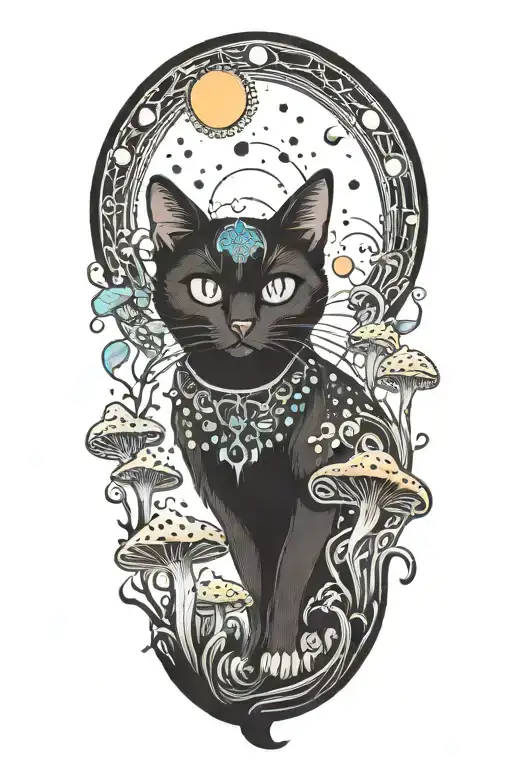 black cat with 3 eye balls and trippy colorful mushrooms with moon melting  tattoo design idea