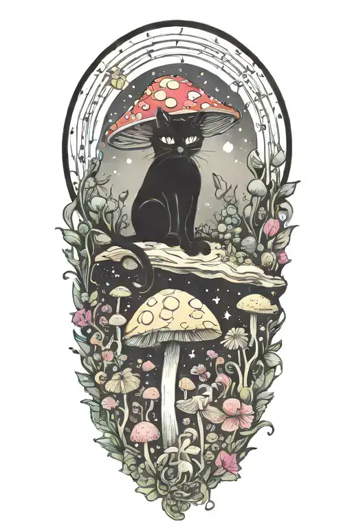 black cat and trippy colorful mushrooms with moon  tattoo design idea