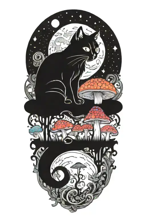 black cat and trippy colorful mushrooms with moon melting  tattoo design idea
